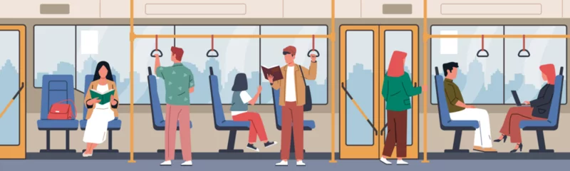 Fotobehang Bus passengers. People travel by public transport, men and women sit and stand. Citizens holding on to handrails, read books. City auto cartoon flat style isolated nowaday vector concept © YummyBuum