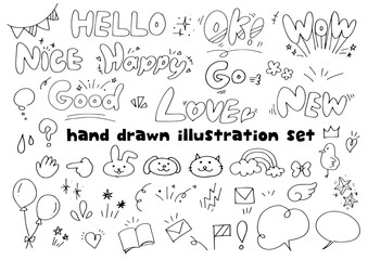 かわいい手描き文字とイラスト素材のセット - 656299781