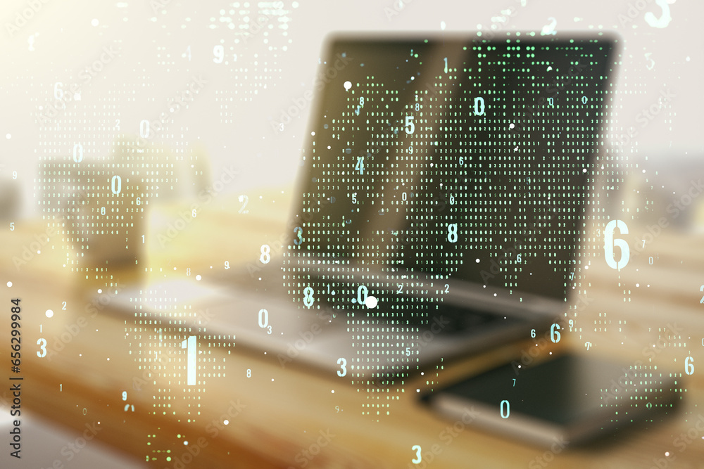 Fototapete double exposure of abstract creative programming illustration with world map and modern desk with co