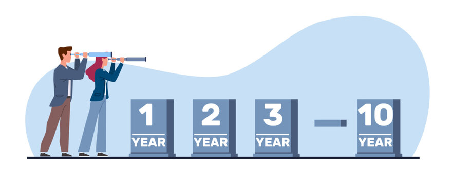 Concept of long range planning, businessmen look through telescope to see future of project. Successful vision, searching goals, ambition and motivation. Vector cartoon flat illustration