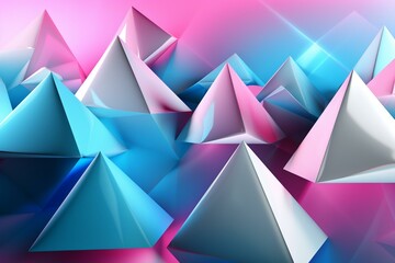 Vibrant shiny surface featuring triangular pyramids in white, blue, and pink 3D banners. Generative AI