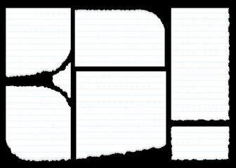 Set of torn white paper with a gray edge isolated on a black background. Vector illustration.