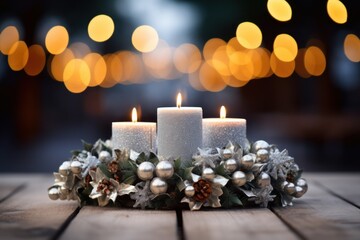 Advent wreath on gray wooden planks with silver bokeh lights. Generative AI