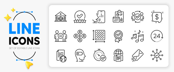 Fast verification , Voicemail and Video conference line icons set for app include Approved award, 24 hours, Weariness outline thin icon. Internet document, Survey check. Vector