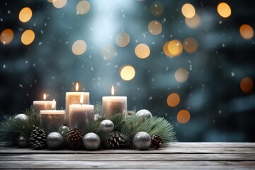 Advent wreath on gray wooden planks with silver bokeh lights. Generative AI