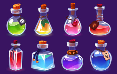 Potion bottles. Magic alchemist elixirs, different forms vials, various colors liquid. Game interface objects, fantasy jar with luck and love, glass jars, gui design elements tidy vector set - obrazy, fototapety, plakaty