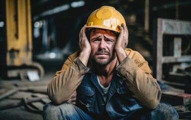 Stressed construction worker at a construction site under pressure. Generative IA - obrazy, fototapety, plakaty