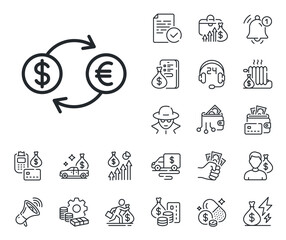Banking currency sign. Cash money, loan and mortgage outline icons. Money exchange line icon. Euro and Dollar Cash transfer symbol. Currency exchange line sign. Credit card, crypto wallet icon. Vector