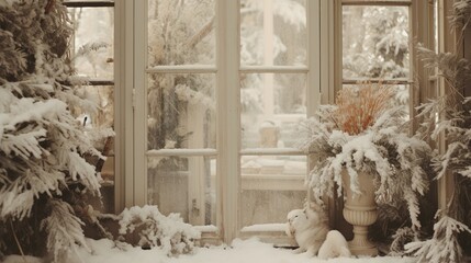 Generative AI, Garden in winter and Christmas home decoration, muted colors, holiday photorealistic aesthetic background	