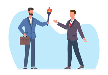 Senior businessman passes baton to his young successor. New employee or junior in workplace, mentorship and coach. Work mentoring and training. Employees education. Cartoon flat vector concept - obrazy, fototapety, plakaty