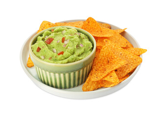 Bowl of delicious guacamole and nachos chips isolated on white