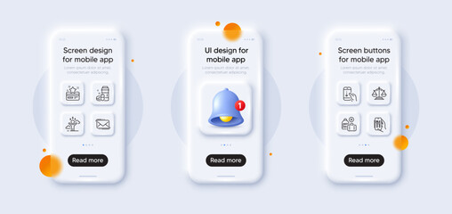 Difficult stress, Scroll down and Restaurant app line icons pack. 3d phone mockups with bell alert. Glass smartphone screen. Add handbag, Loyalty card, Messenger mail web icon. Vector