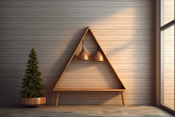 3D illustration of a triangular Christmas tree hanging on a wall with a wooden bench. Generative AI