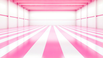 Pink and white striped room wall. Walls, wallpaper and ceiling, a hallway with pink and white stripes, pop art with abstract pattern and line. Interior presentation or card
