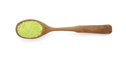 Wooden spoon of celery powder isolated on white, top view