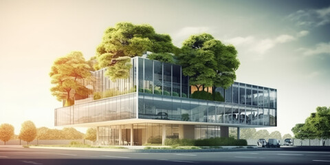 office building with tree for reducing carbon dioxide, Eco green environment.generative ai