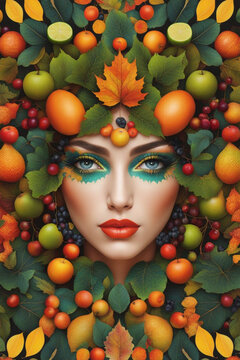 portrait of a woman surrounded by fall leaves , vegetation and fruits, autumnal period mental status