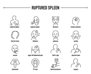 Ruptured Spleen symptoms, diagnostic and treatment vector icons. Line editable medical icons. - obrazy, fototapety, plakaty
