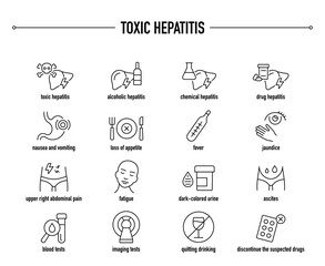 Toxic Hepatitis symptoms, diagnostic and treatment vector icons. Line editable medical icons.