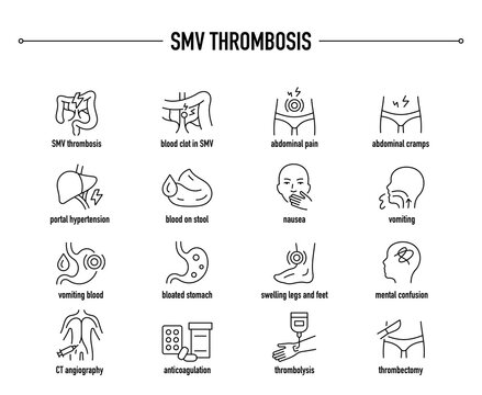 SMV Thrombosis symptoms, diagnostic and treatment vector icons. Line editable medical icons.