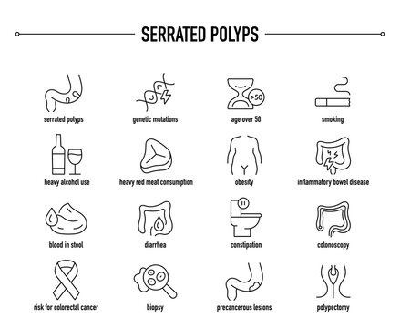 Serrated Polyps symptoms, diagnostic and treatment vector icons. Line editable medical icons.