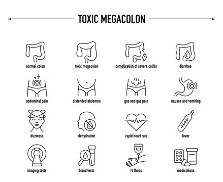 Toxic Megacolon symptoms, diagnostic and treatment vector icons. Line editable medical icons.