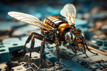 Reconnaissance micro robot wasp, shiny nanodroid with yellow black details - obrazy, fototapety, plakaty
