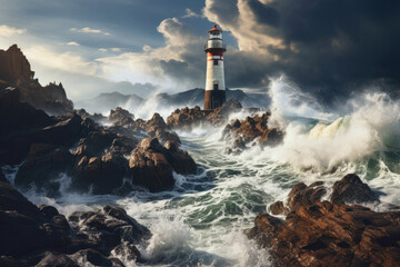 Coastal landscape with white lighthouse tower and stormy sea waves breaking over rocky coast