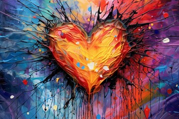 Colorful fluid art with abstract patterns representing a shattered heart. Generative AI - obrazy, fototapety, plakaty