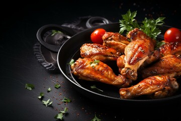 Grilled chicken wings on dark background with ketchup in black dish. Copy space above. Generative AI