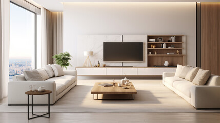 Fototapeta na wymiar White sofa and tv unit in spacious room Luxury home interior design of modern living room panorama