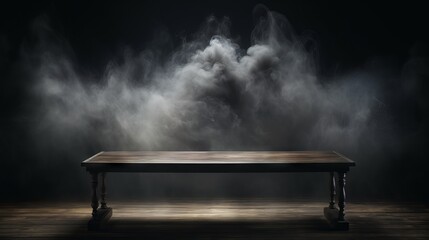 Wooden table in darkness with mysterious smoke rising: a dramatic still life scene - obrazy, fototapety, plakaty