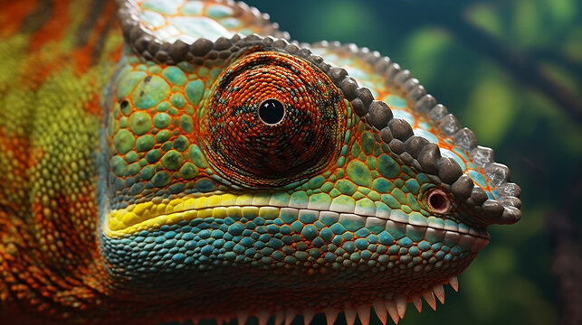 Close up of a chameleon reptil with vivid colors 