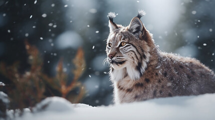 Close up of tiger linx snow big feline outdoors 