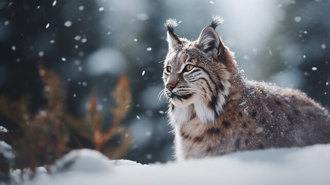 Close up of tiger linx snow big feline outdoors 