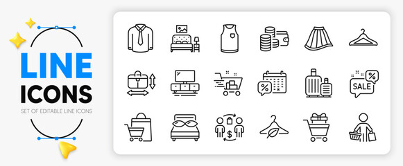 Baggage, Tv stand and Buying process line icons set for app include Shopping trolley, Pillows, Wallet outline thin icon. T-shirt, Slow fashion, Furniture pictogram icon. Buyer, Shirt. Vector