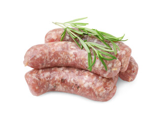 Raw homemade sausages and rosemary isolated on white