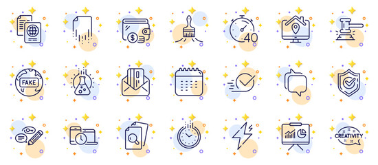 Outline set of Recovery file, Credit card and Checkbox line icons for web app. Include Creativity, Passport document, Power pictogram icons. Brush, Work home, Keywords signs. Vector