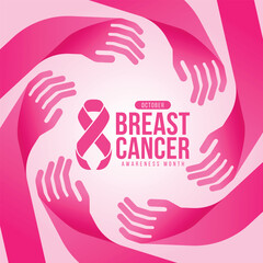 Obraz premium Breast cancer awareness month - text and pink ribbon awareness sign in abstract hands hope and care circle around vector design