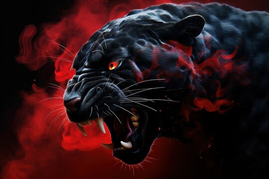 Snarling black jaguar covered in red paint bursting through a cloud of red smoke black background .