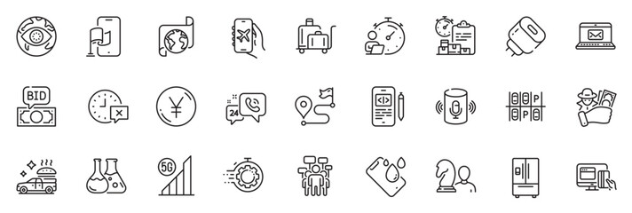Fototapeta na wymiar Icons pack as Seo timer, Voice assistant and Fraud line icons for app include Charging adapter, Online payment, Location app outline thin icon web set. Chess, Delivery report. Vector