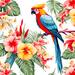 Beautiful parrot perching on branch in tropical garden and hibiscus flower on white background.
