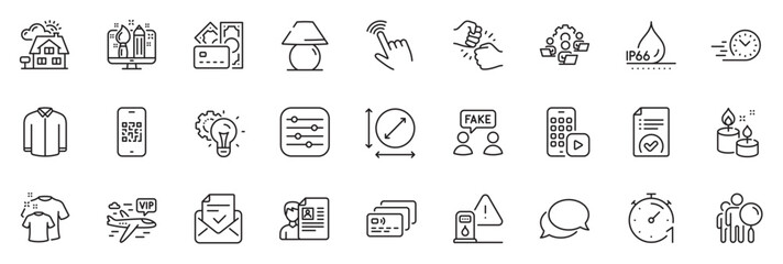 Icons pack as Fake information, Petrol station and Clean t-shirt line icons for app include Approved document, Filter, Fast delivery outline thin icon web set. Phone app, Cursor. Vector
