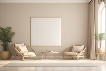 Blank poster frame mock up in beige room interior , 3d rendering wall
