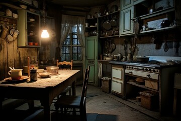 Old kitchen in spooky house. Generative AI