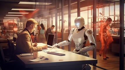 robot assisting in contemporary office environment with human colleagues
