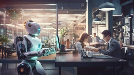 robot assisting in contemporary office environment with human colleagues
 - obrazy, fototapety, plakaty