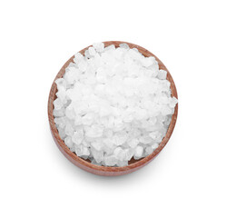 Wooden bowl with natural sea salt isolated on white, top view
