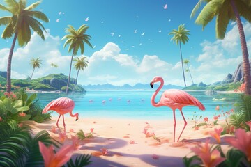 Illustration of a tree-filled beach scene with inflatable flamingos. Generative AI