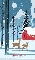 Christmas greeting card, Holiday winter landscape. Vector illustration